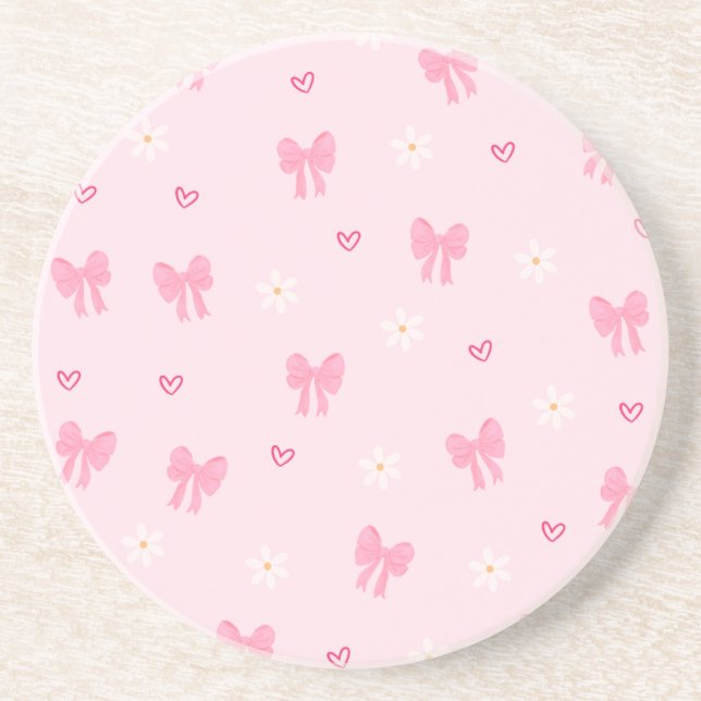 Seamless Pink Bow and Floral Pattern – Cute Girly Coaster (Front)