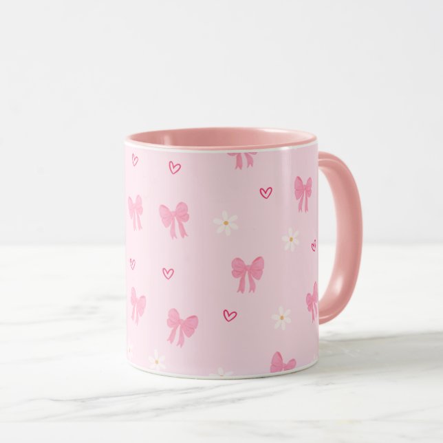 Seamless Pink Bow and Floral Pattern – Cute Girly Mug (Front Right)