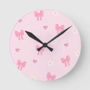 Seamless Pink Bow and Floral Pattern – Cute Girly  Round Clock