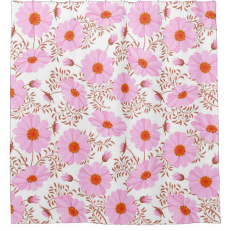 Seamless pink daisy flower vintage pattern on whit shower curtain