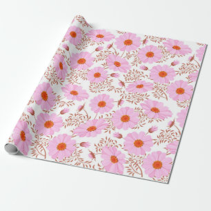 Seamless pink daisy flower vintage pattern on whit wrapping paper