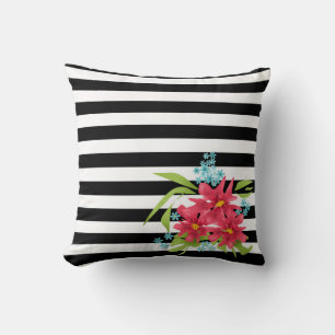 Seamless pink flowers floral black white striped l cushion