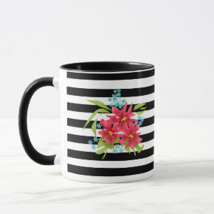 Seamless pink flowers floral black white striped l mug