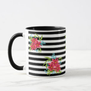 Seamless pink flowers floral black white striped l mug