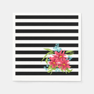 Seamless pink flowers floral black white striped l napkin
