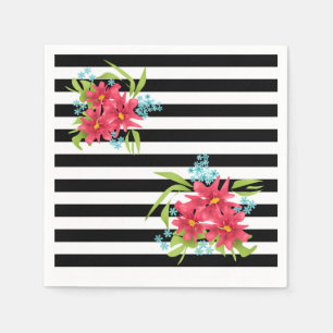 Seamless pink flowers floral black white striped l napkin