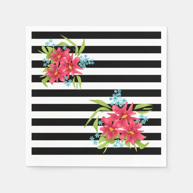 Seamless pink flowers floral black white striped l napkin (Front)