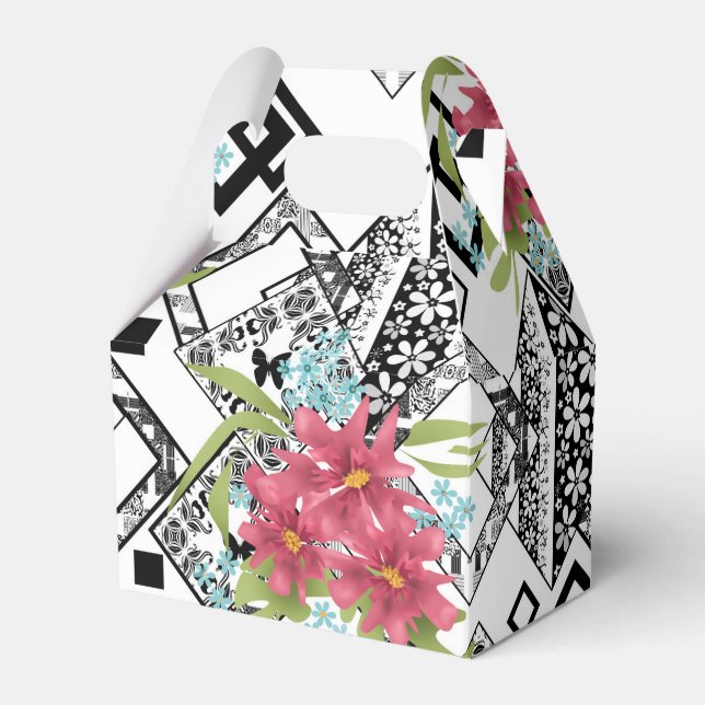 Seamless pink flowers floral ornamental black whit favour box (Front Side)