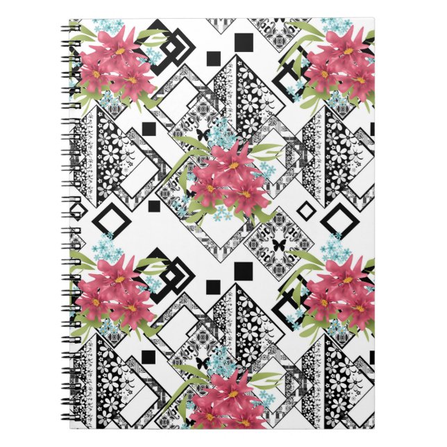 Seamless pink flowers floral ornamental black whit notebook (Front)