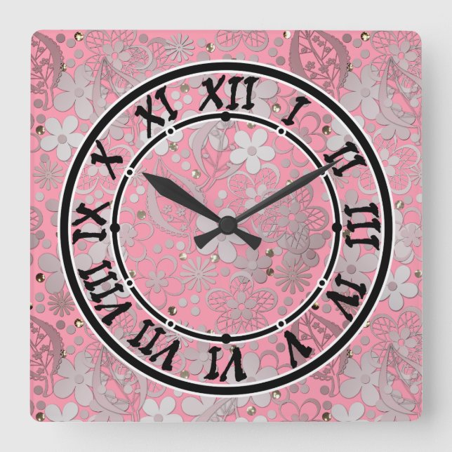 Seamless pink lace romantic flowers floral pattern square wall clock (Front)