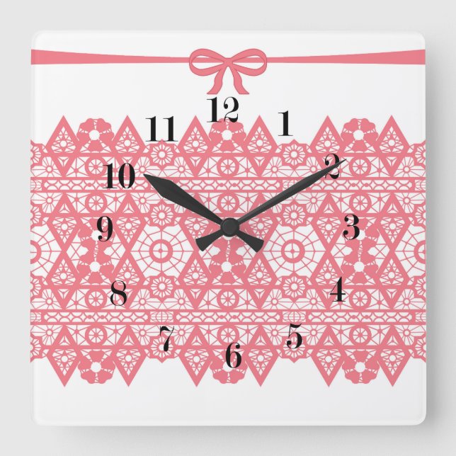 Seamless pink romantic elegant lace lacy bow white square wall clock (Front)