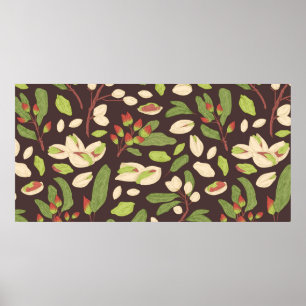 Seamless pistachio pattern with nuts, shells, bran poster