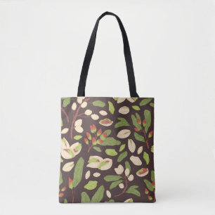 Seamless pistachio pattern with nuts, shells, bran tote bag