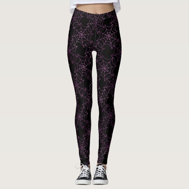 Seamless Purple Foil and Black Cobwebs Halloween Leggings (Front)