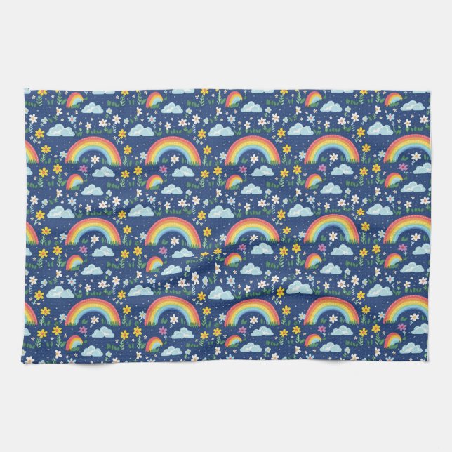 Seamless Rainbow, Flowers, and Clouds Pattern Tea Towel (Horizontal)