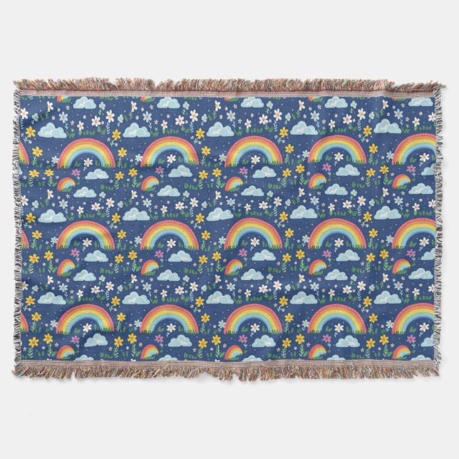 Seamless Rainbow, Flowers, and Clouds Pattern Throw Blanket (Front)