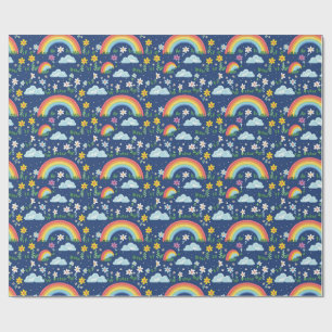 Seamless Rainbow, Flowers, and Clouds Pattern Wrapping Paper