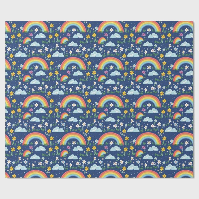 Seamless Rainbow, Flowers, and Clouds Pattern Wrapping Paper (Flat)
