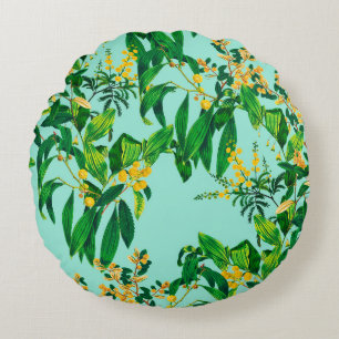 Seamless repeat design made with tropical leaves d round cushion