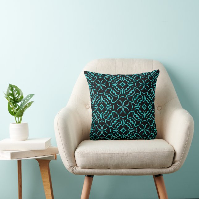 Seamless Repeating Pattern In Turquoise On Black Cushion (Chair)
