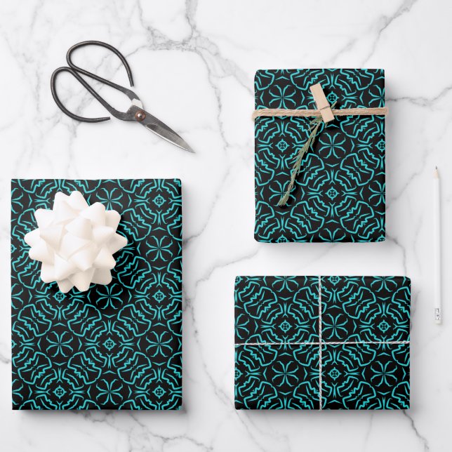 Seamless Repeating Pattern In Turquoise On Black Wrapping Paper Sheet (Front)