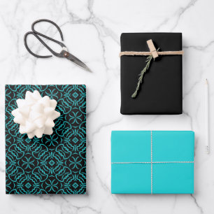 Seamless Repeating Pattern In Turquoise On Black Wrapping Paper Sheet