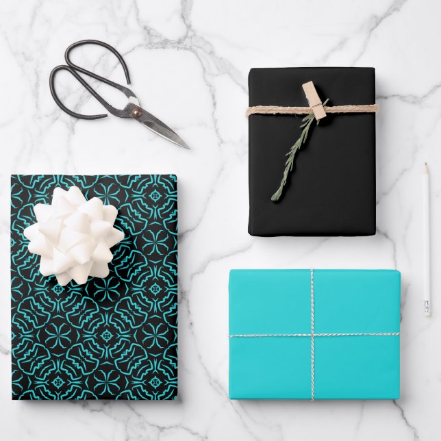 Seamless Repeating Pattern In Turquoise On Black Wrapping Paper Sheet (Front)