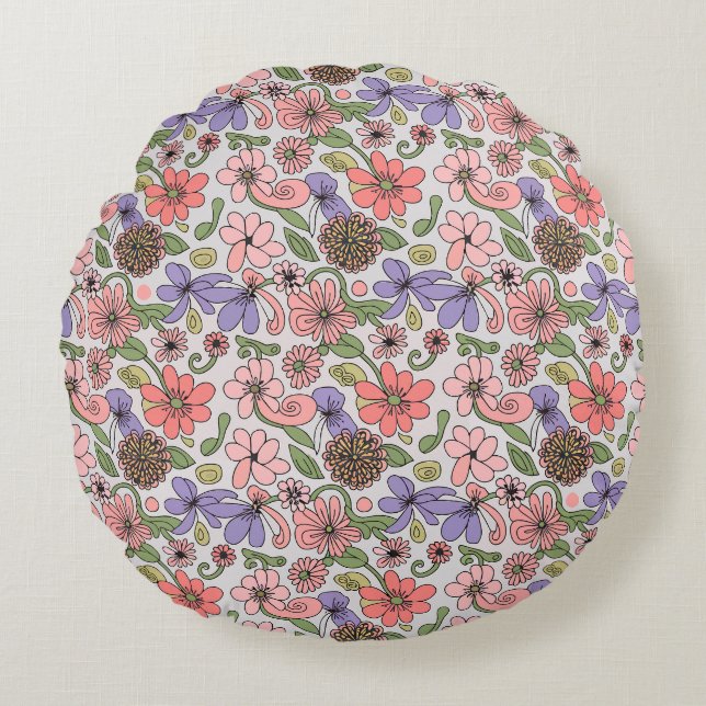 Seamless Retro Floral Pattern Boho Round Cushion (Front)