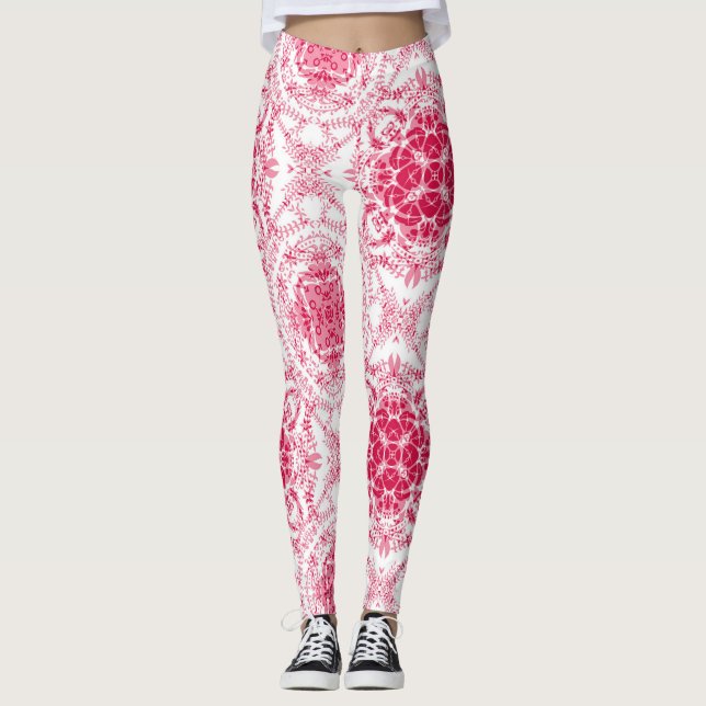 Seamless retro romantic pink white lace ornamental leggings (Front)