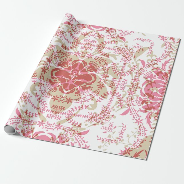 Seamless retro romantic pink white lace ornamental wrapping paper (Unrolled)
