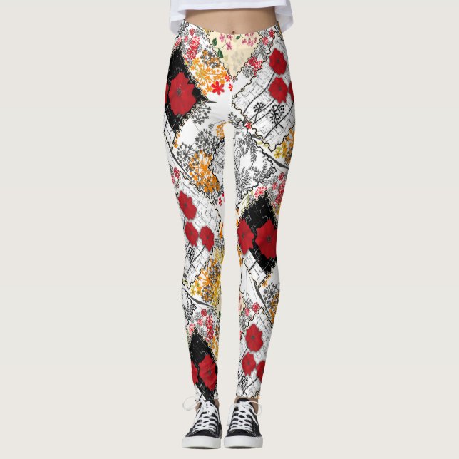 Seamless retro vintage patchwork quilting patches leggings (Front)