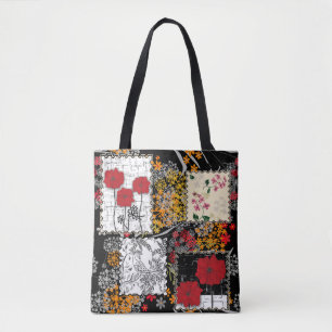 Seamless retro vintage patchwork quilting poppies tote bag