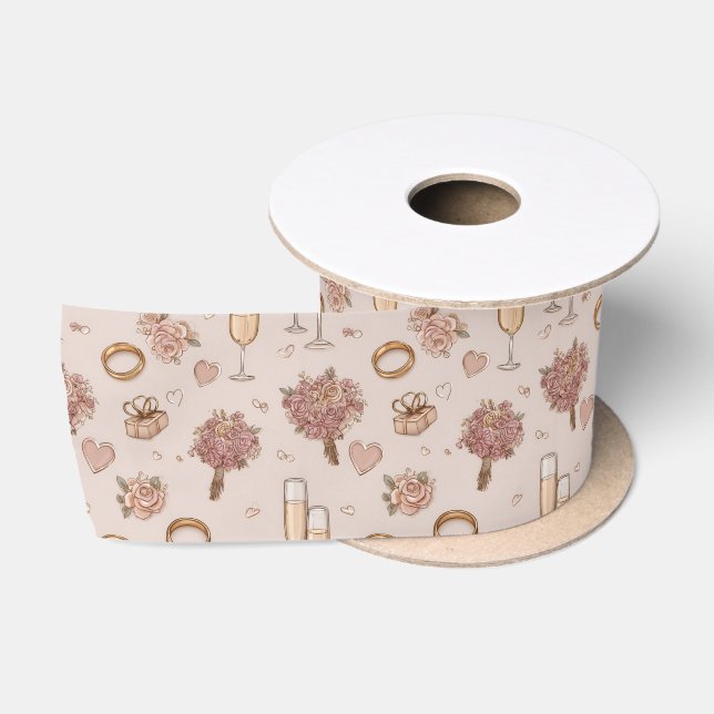 Seamless Romantic Wedding Pattern Satin Ribbon (Spool)