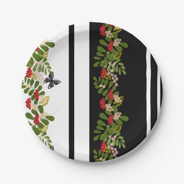 Seamless rowanberry berry flowers floral butterfly paper plate (Front)