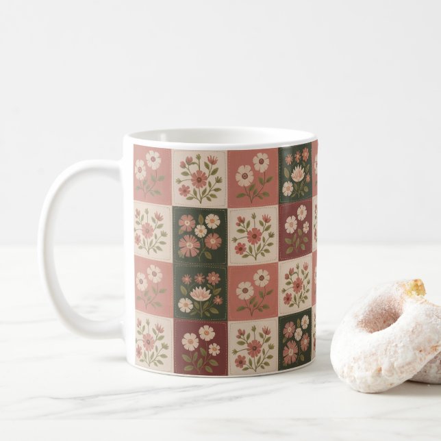 Seamless Rustic Floral Patchwork Coffee Mug (With Donut)