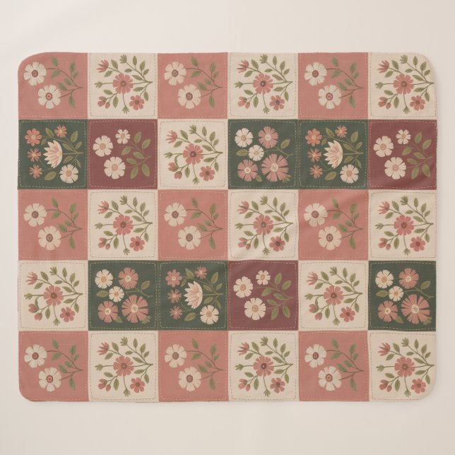 Seamless Rustic Floral Patchwork Sherpa Blanket (Front (Horizontal))