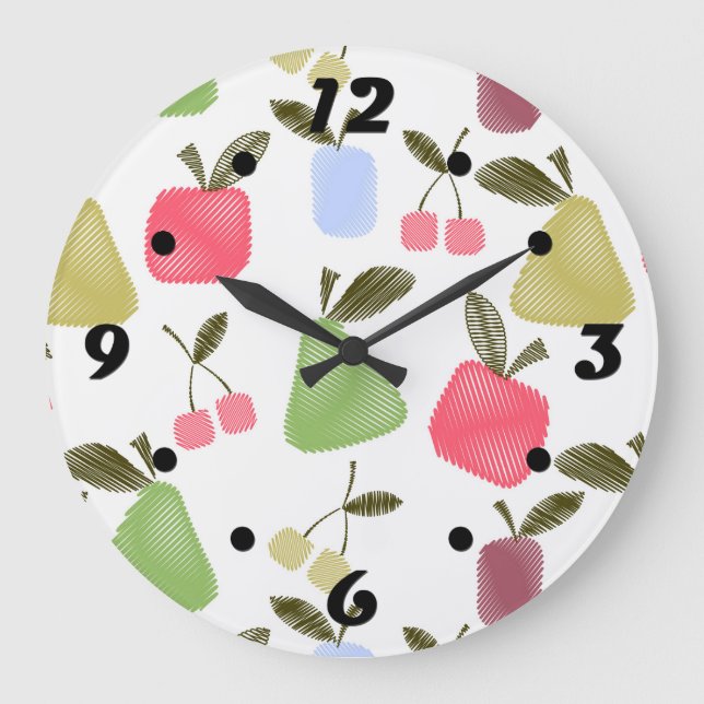 Seamless scratched cartoon fruits apples pears che large clock (Front)