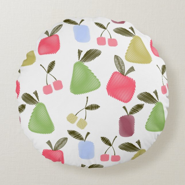 Seamless scratched cartoon fruits apples pears che round cushion (Front)