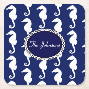 Seamless Seahorse Pattern Square Paper Coaster