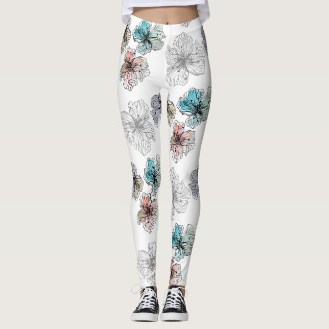 Seamless sketched lined flowers abstract modern pa leggings (Front)