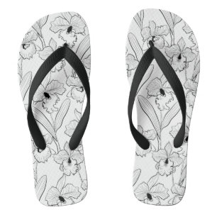 Seamless sketched orchid cattleya flowers tropical flip flops