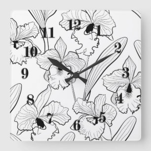 Seamless sketched orchid cattleya flowers tropical square wall clock