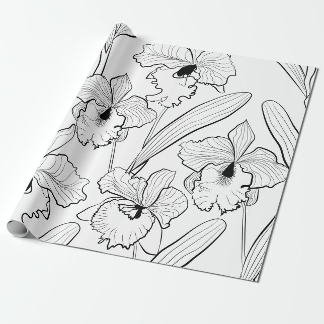 Seamless sketched orchid cattleya flowers tropical wrapping paper (Unrolled)