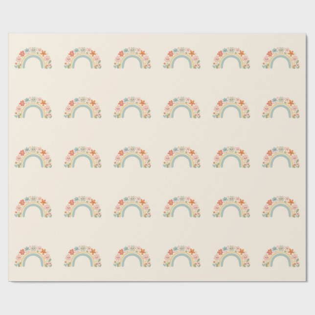 Seamless Smiling Flowers Pastel Rainbow Pattern Wrapping Paper (Flat)