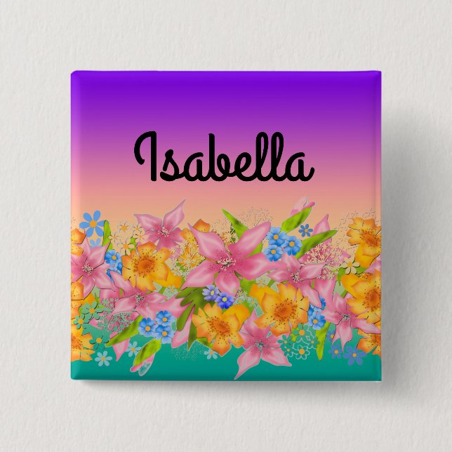 Seamless spring floral flowers pink yellow orange 15 cm square badge (Front)