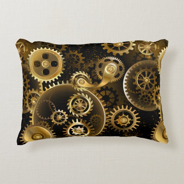 Seamless Steampunk Brass Gears Decorative Cushion (Front)