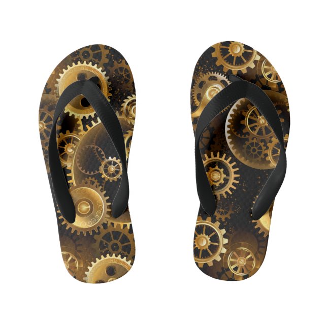 Seamless Steampunk Brass Gears Kid's Flip Flops (Footbed)