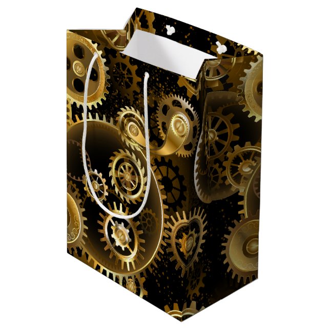 Seamless Steampunk Brass Gears Medium Gift Bag (Back Angled)