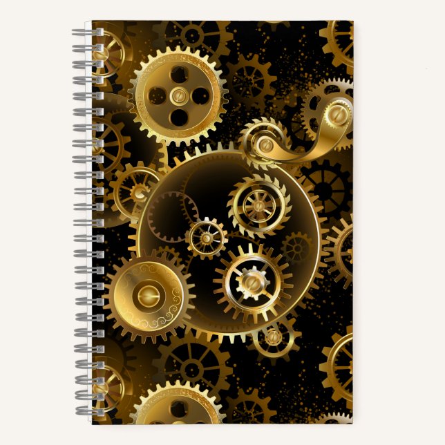 Seamless Steampunk Brass Gears Notebook (Front)