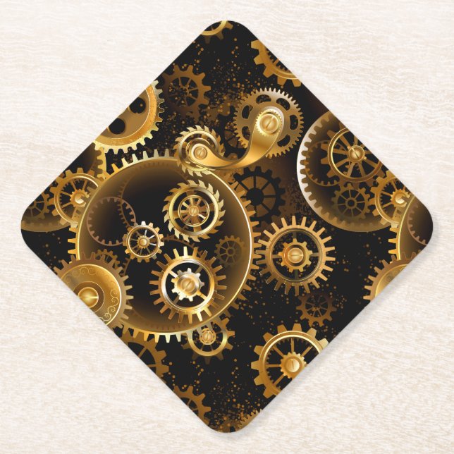 Seamless Steampunk Brass Gears Paper Coaster (Front)